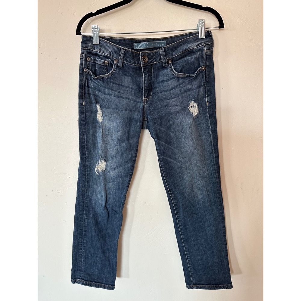 Refuge Distressed Dark Wash Denim Jeans Womens Size 5 P2579DW Mid Rise capris